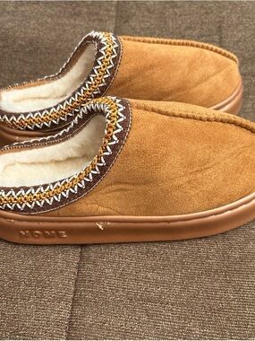 Women’s Tan Suede-Style Lined Slippers – Embroidered Trim